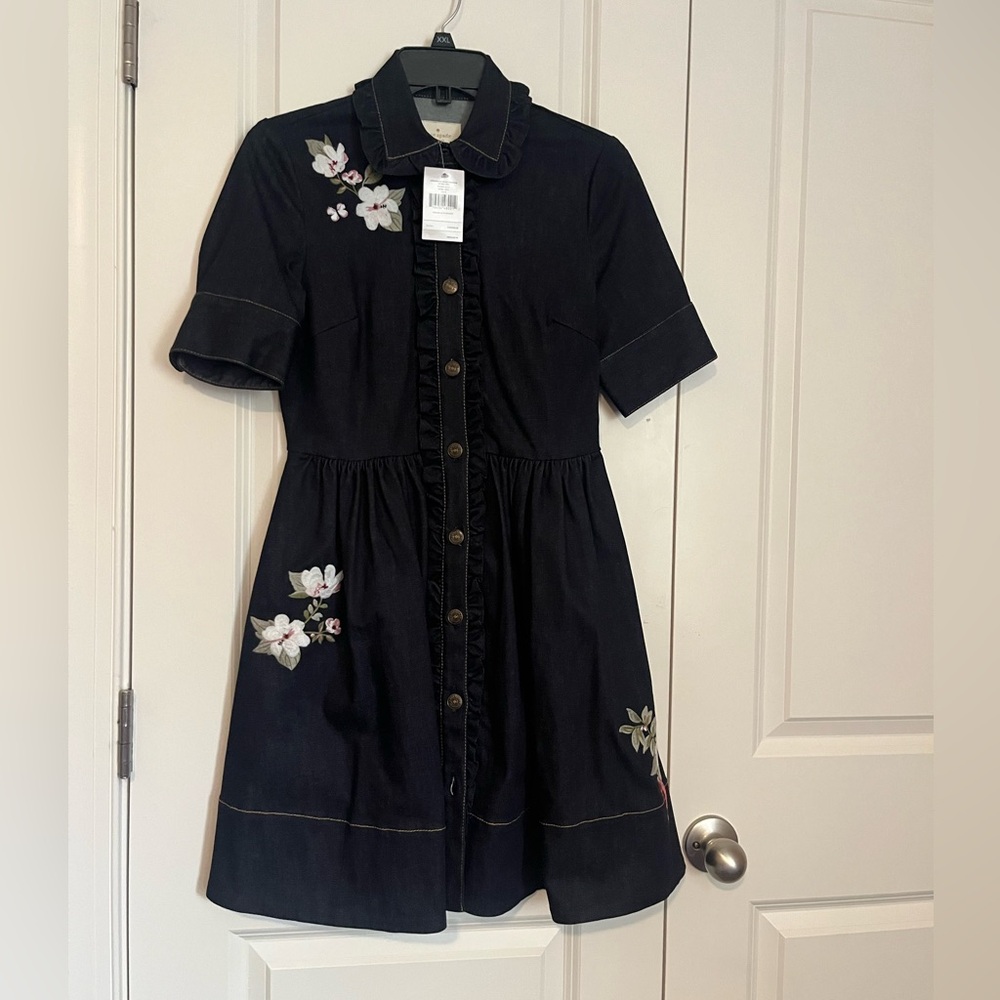 Kate Spade Dark Denim Floral Embroidered shirt dress size 0